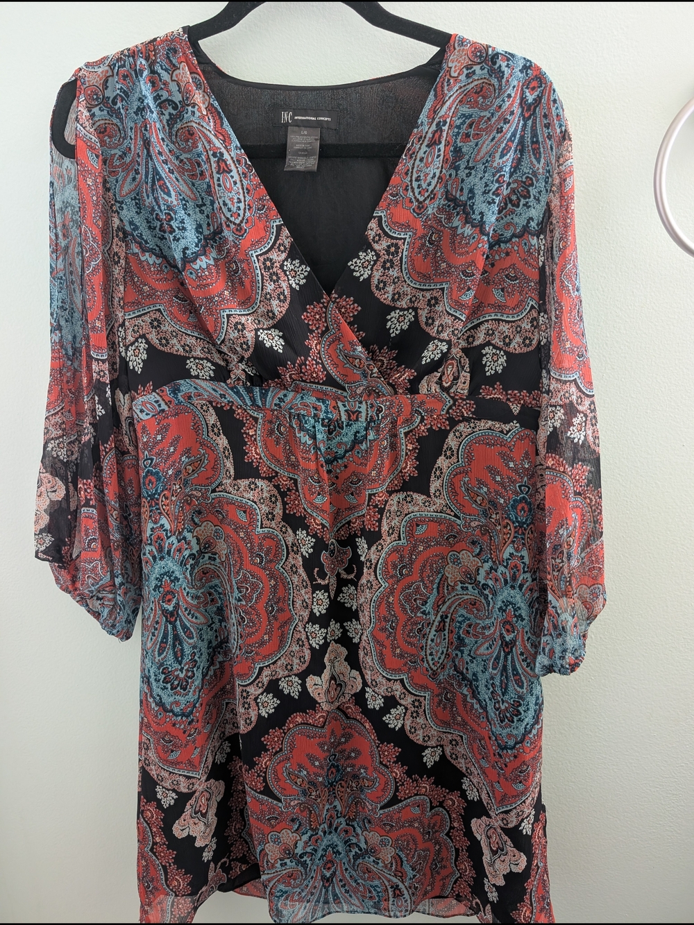 INC International Concepts Black Coral and Teal Paisley V‑Neck Dress